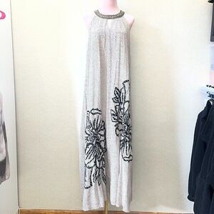 Anthropologie Ranna Gill Beige Black Grandiflora Halter Maxi Dress Womens Size S